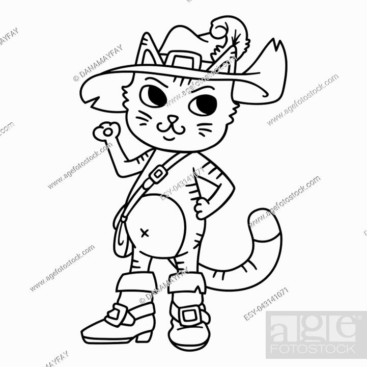 Puss in boots children illustration page for coloring book greeting card print t