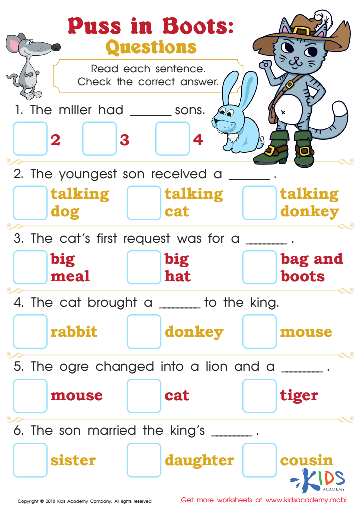 Puss in boots questions worksheet for kids