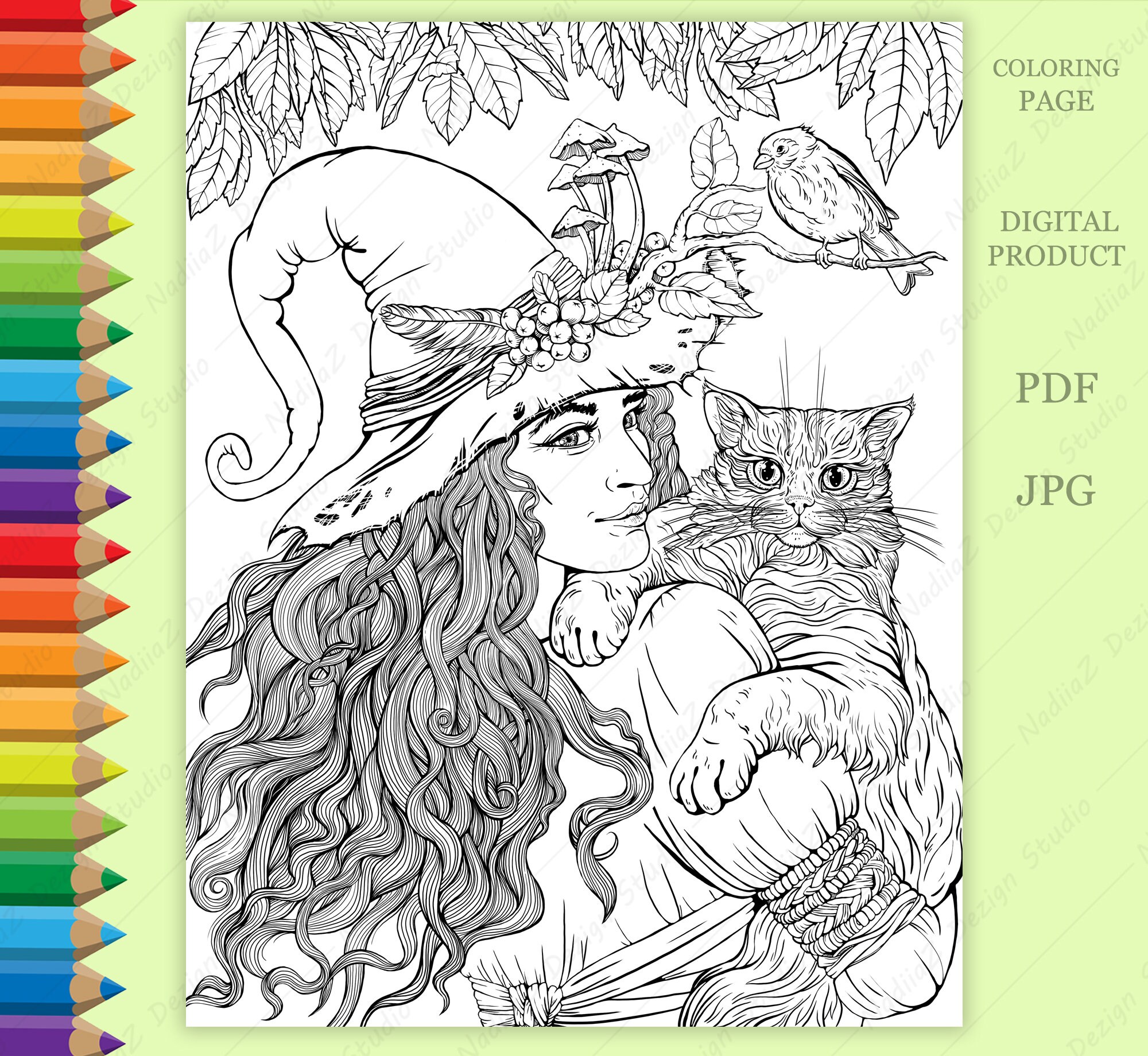 Coloring page of the forest witch with a cat pdf coloring page printable coloring page adult coloring page digital download