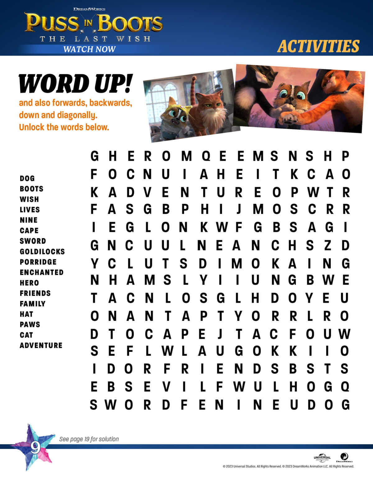 Free printable puss in boots word search