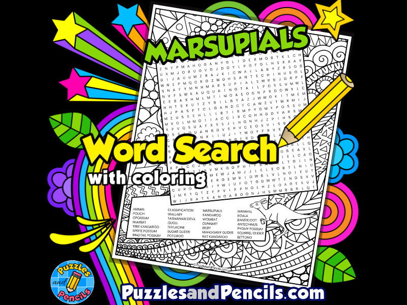 Marsupials word search puzzle with colouring animal classification wordsearch teaching resources