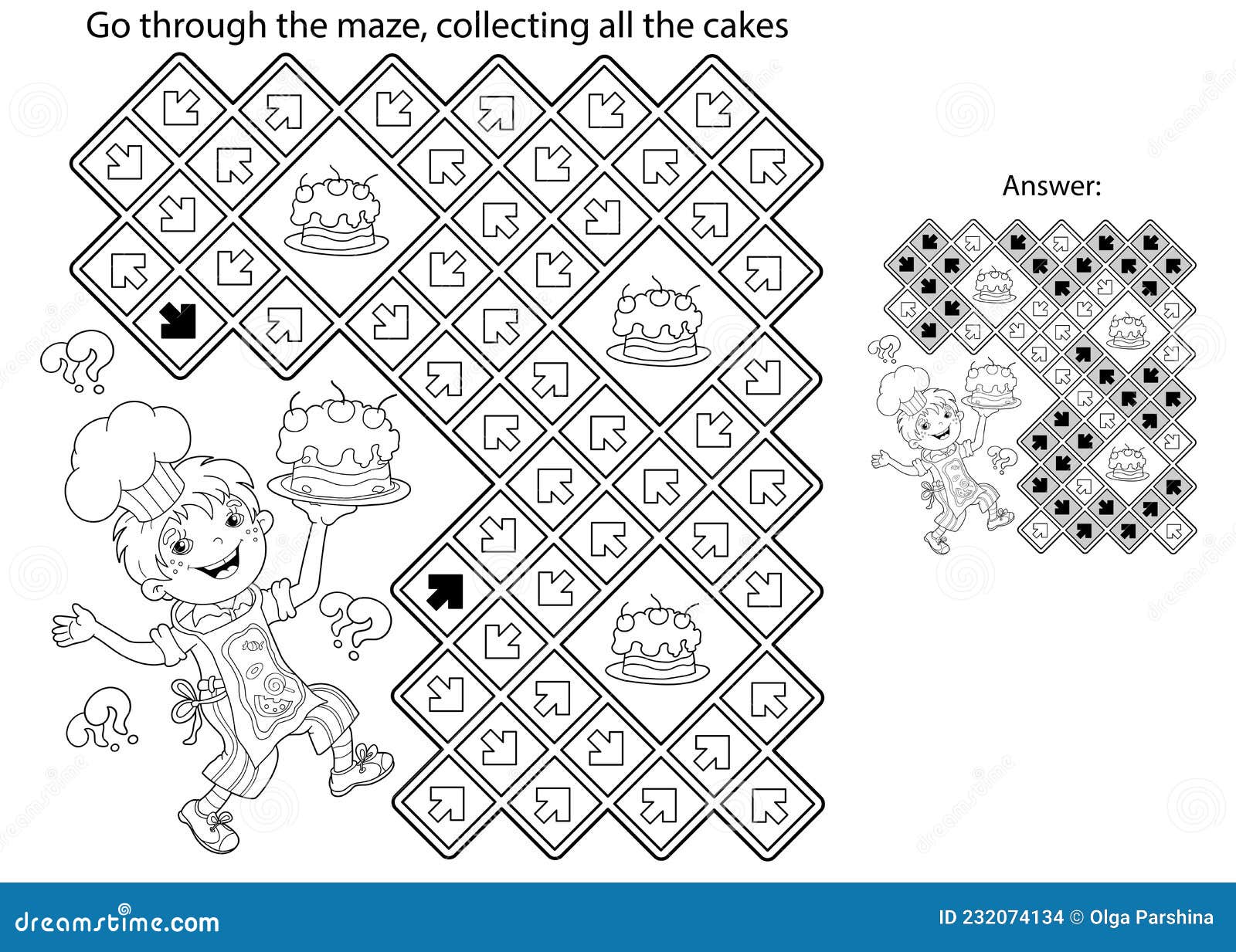 Maze or labyrinth game puzzle coloring page outline of cartoon fun boy chef with cake little cook or scullion profession stock vector