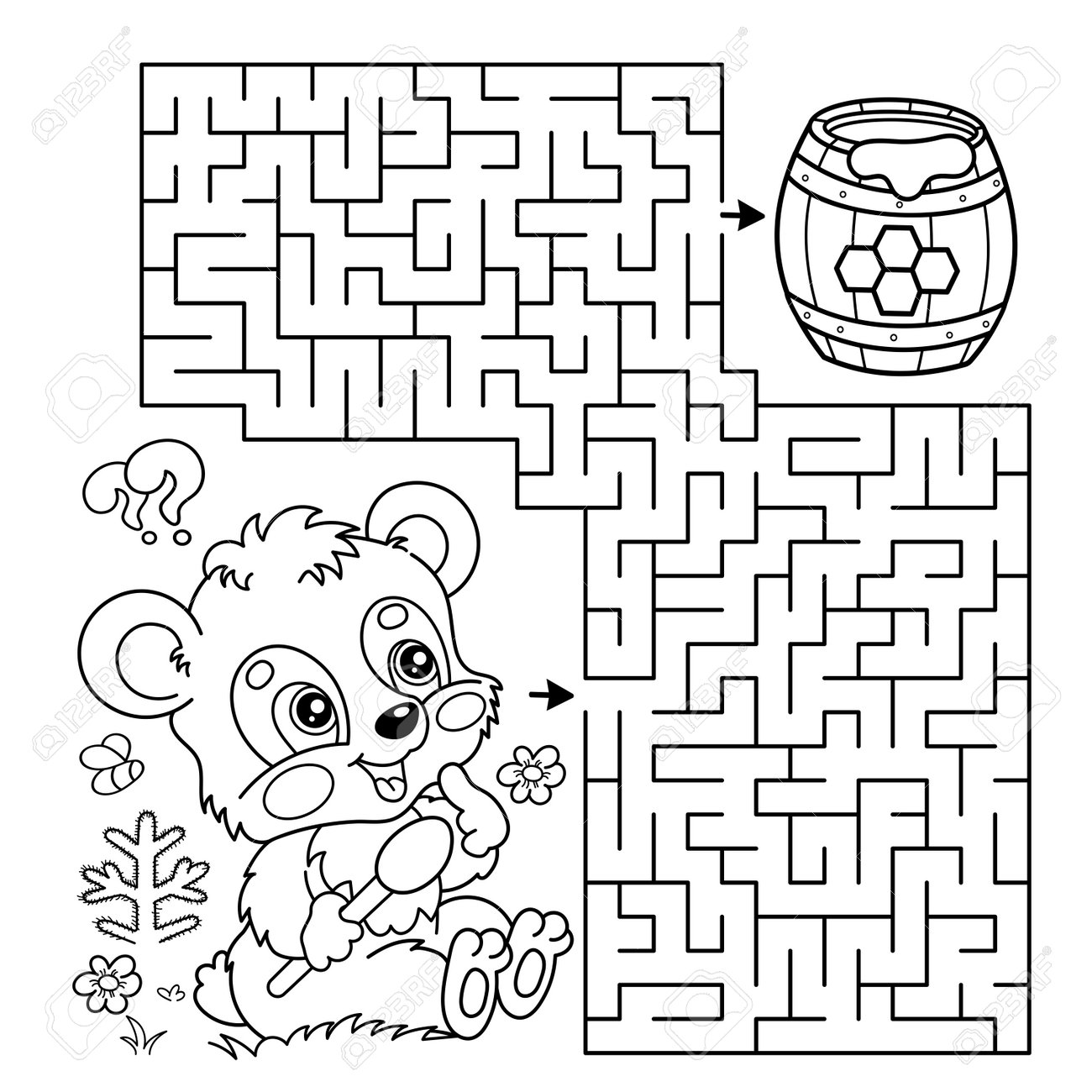 Maze or labyrinth game puzzle coloring page outline of cartoon little bear cub with barrel of honey coloring book for kids royalty free svg cliparts vectors and stock illustration image