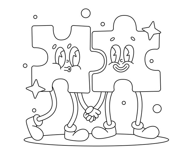 Premium vector vector cute puzzle pieces with faces coloring book cartoon isolated on white coloring page outline