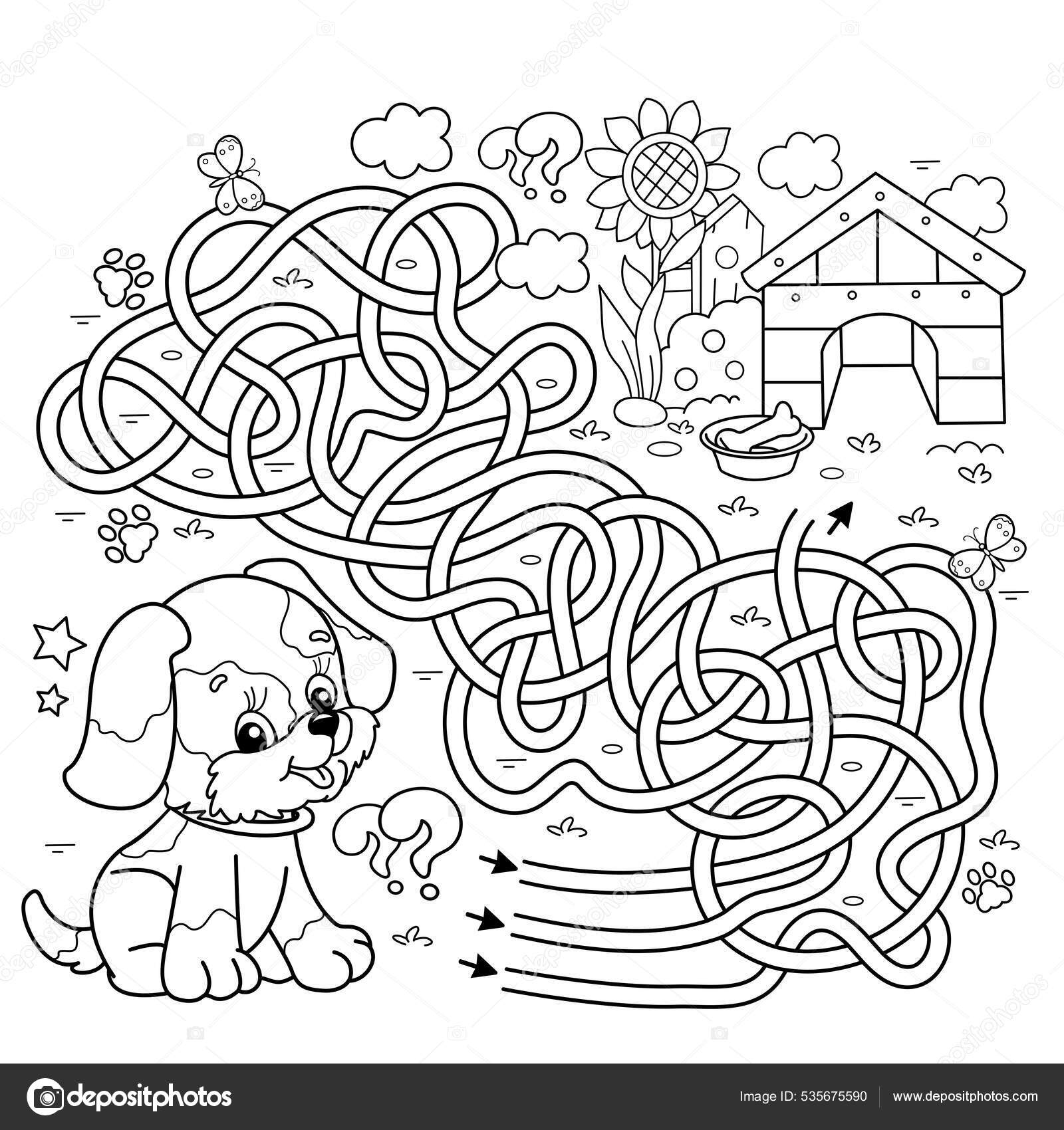 Maze labyrinth game puzzle tangled road coloring page outline cartoon stock vector by oleon