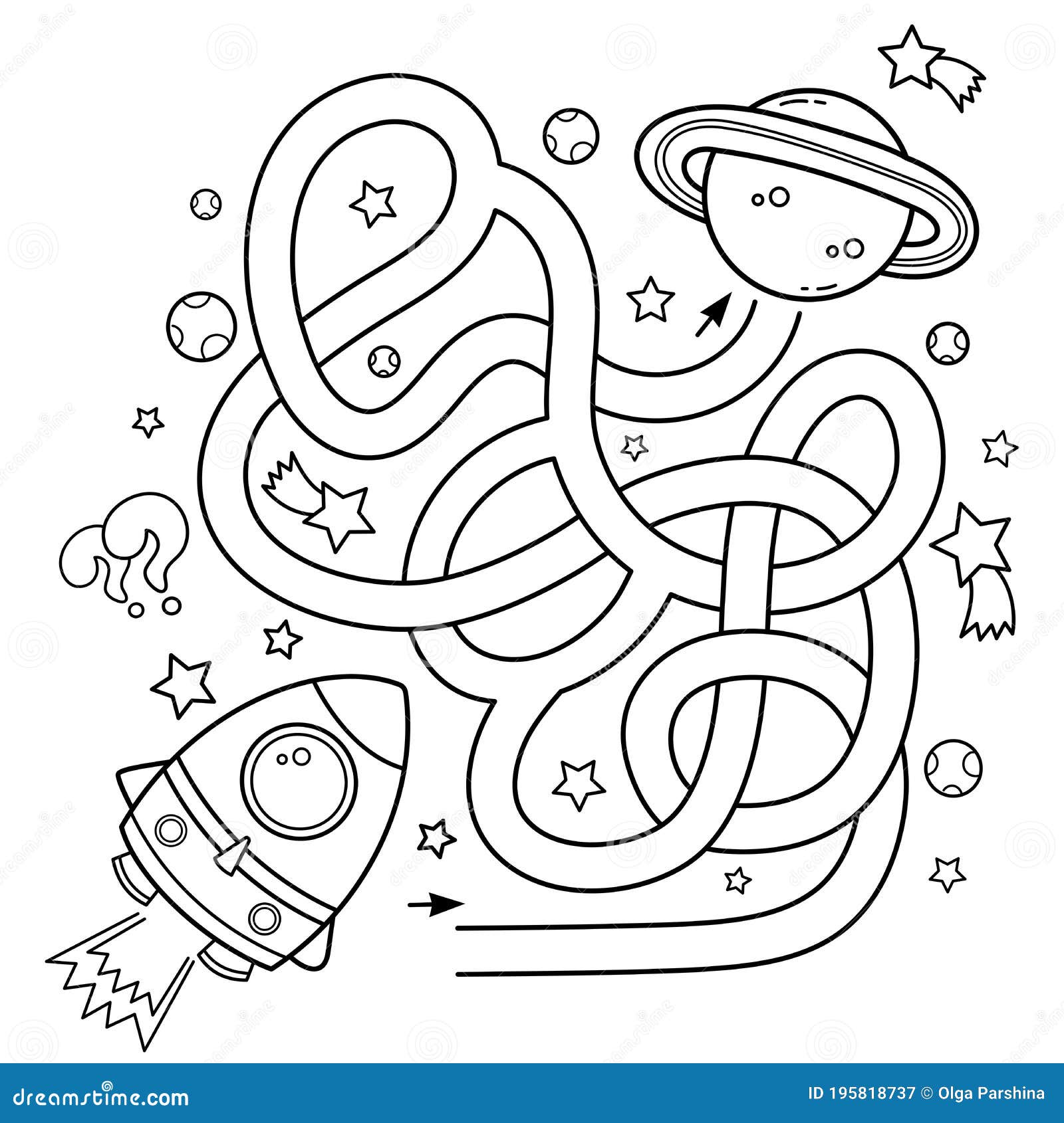 Maze or labyrinth game puzzle tangled road coloring page outline of cartoon rocket in space coloring book for kids stock vector