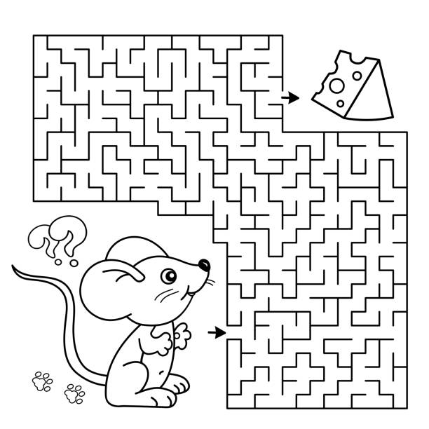 Maze or labyrinth game puzzle coloring page outline of cartoon fun mouse with cheese coloring book for kids stock illustration