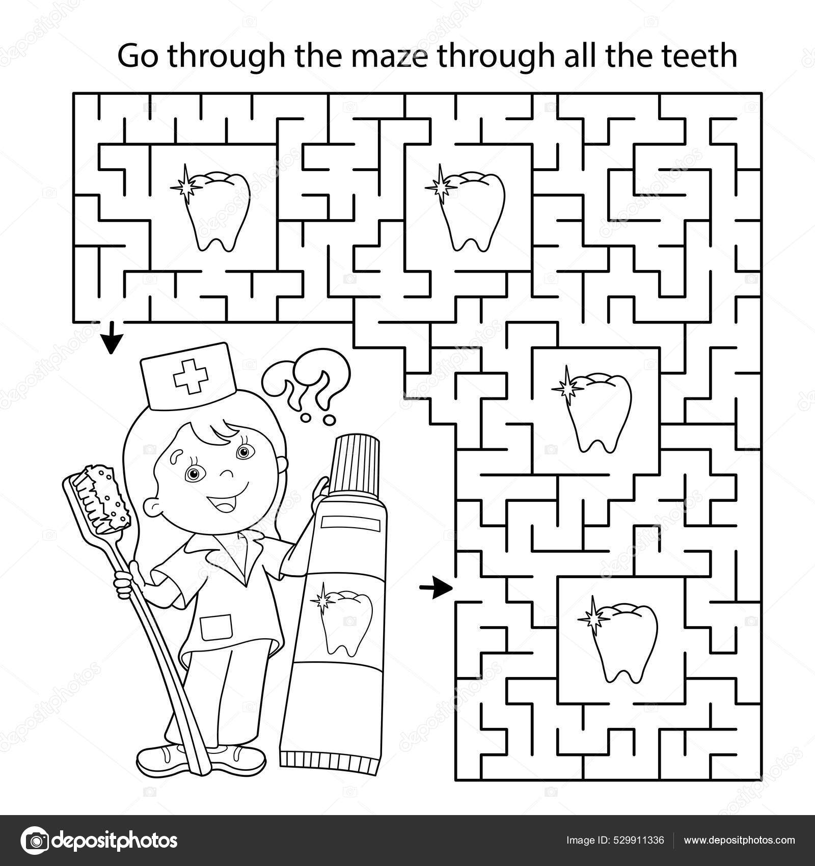 Maze labyrinth game puzzle coloring page outline cartoon doctor toothbrush stock vector by oleon