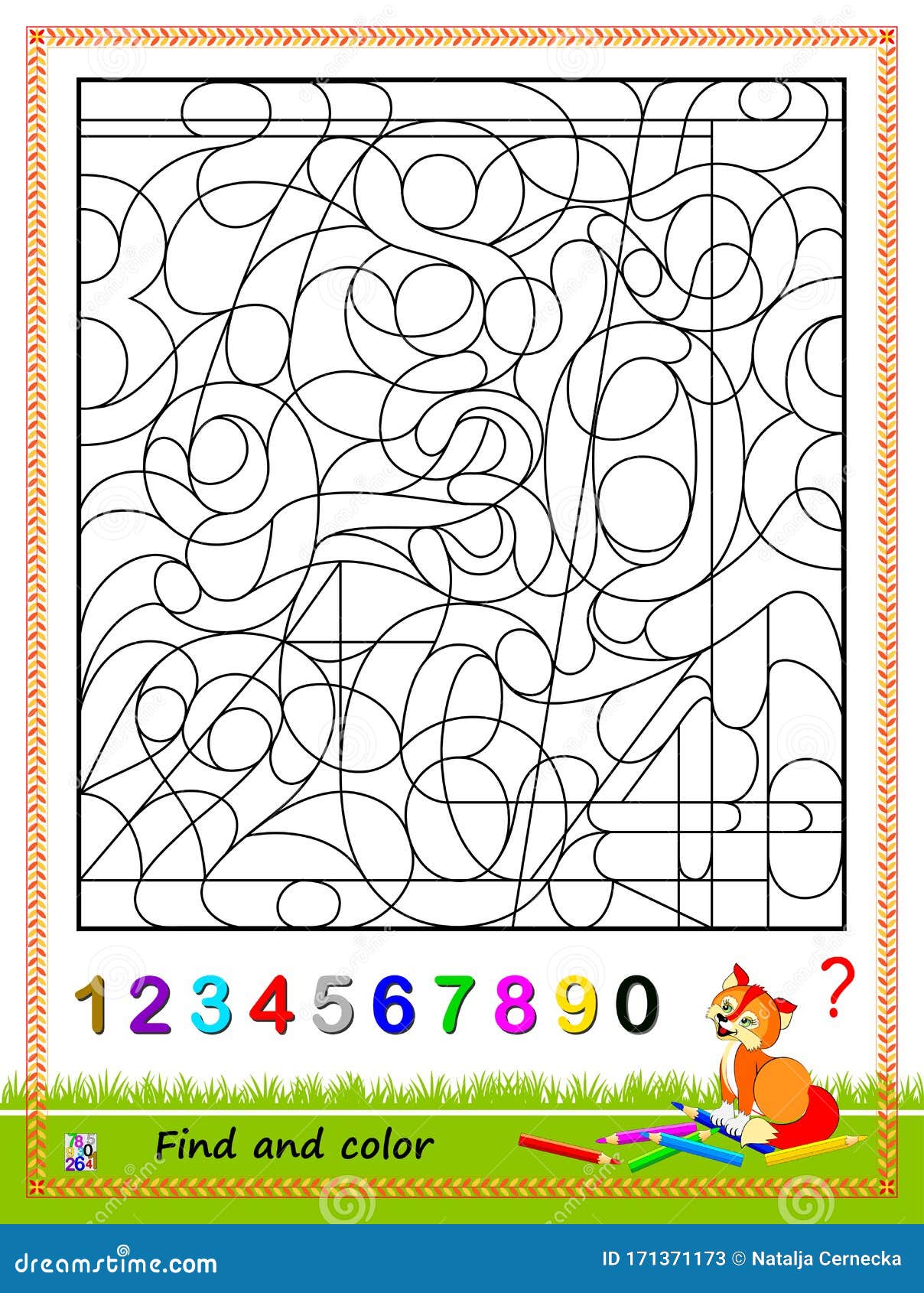 Math education for kids logic puzzle game find and paint the numbers from to coloring book printable worksheet stock vector