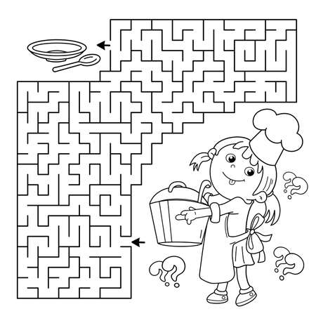 Maze or labyrinth game puzzle coloring page outline of cartoon girl chef with large pot little cook or scullion profession coloring book for kids ù ùùø øªøµù ùù ù