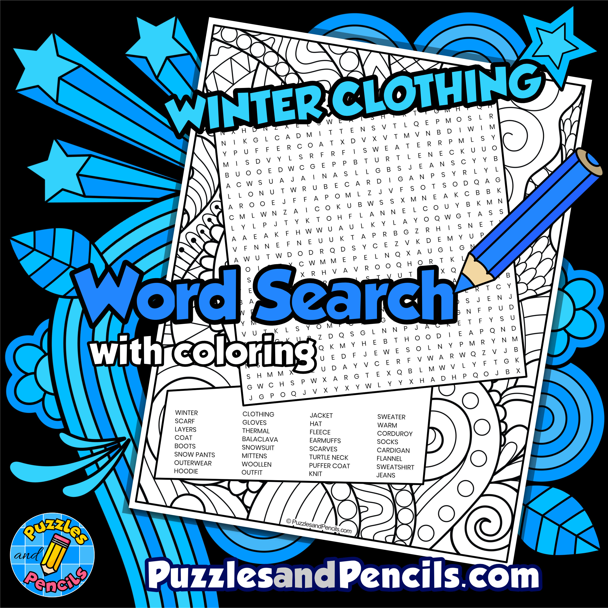 Winter clothing word search puzzle activity page with coloring seasons made by teachers