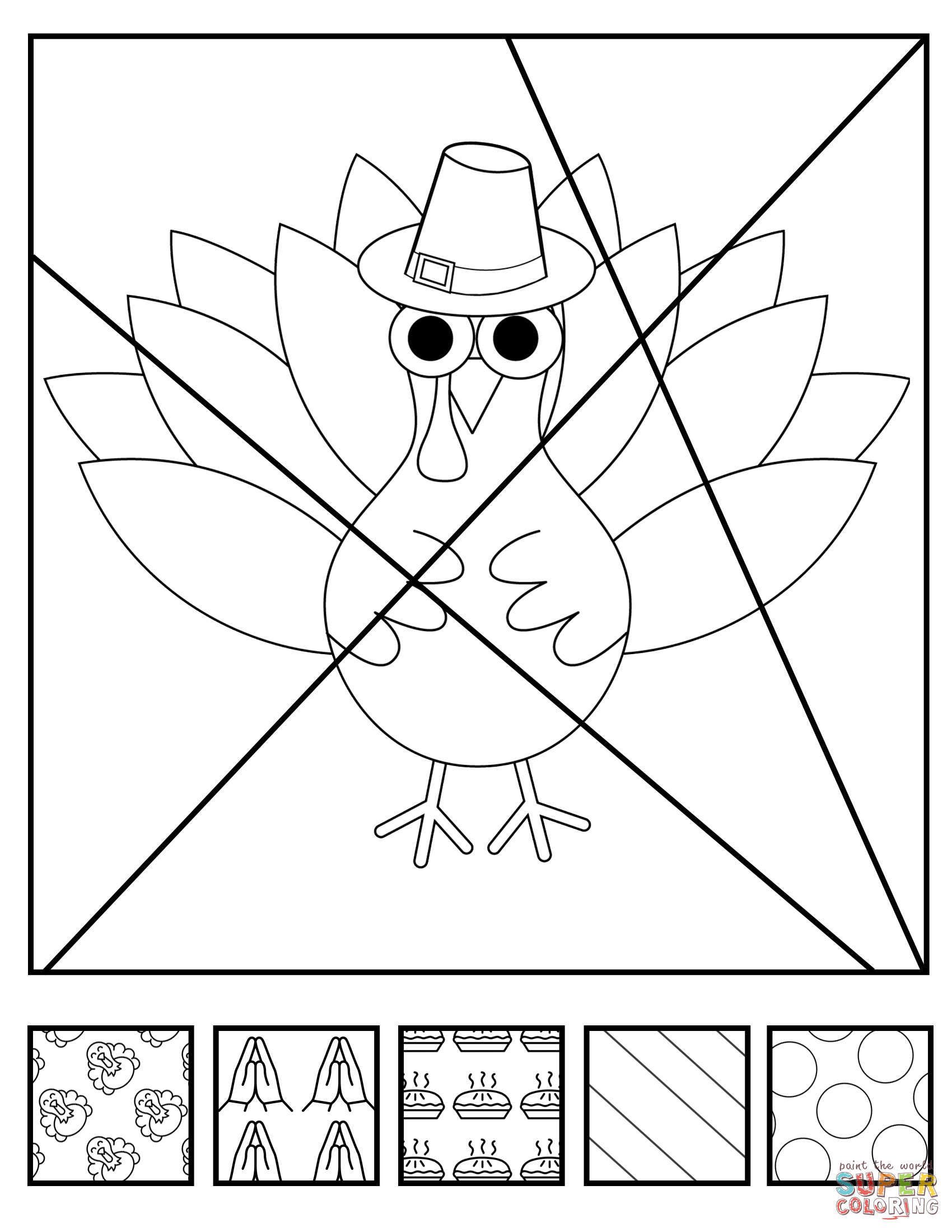 Fill and color thanksgiving turkey with pop art patterns coloring page free printable coloring pages