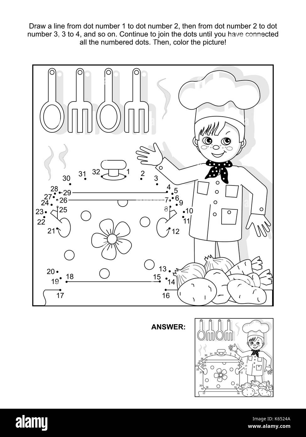 Young chef at the kitchen connect the dots picture puzzle and coloring page answer included stock vector image art