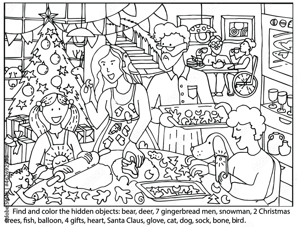 Vetor de christmas puzzle game find and coloring hidden objects happy family cooking in kitchen grandparents parents and children together bake cookies son captures moments on the phone hand drawn vector do