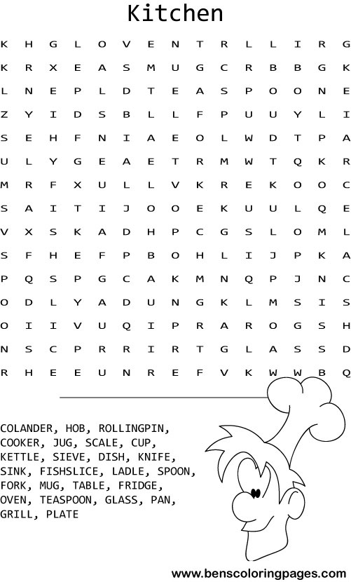 Kitchen word search coloring pages