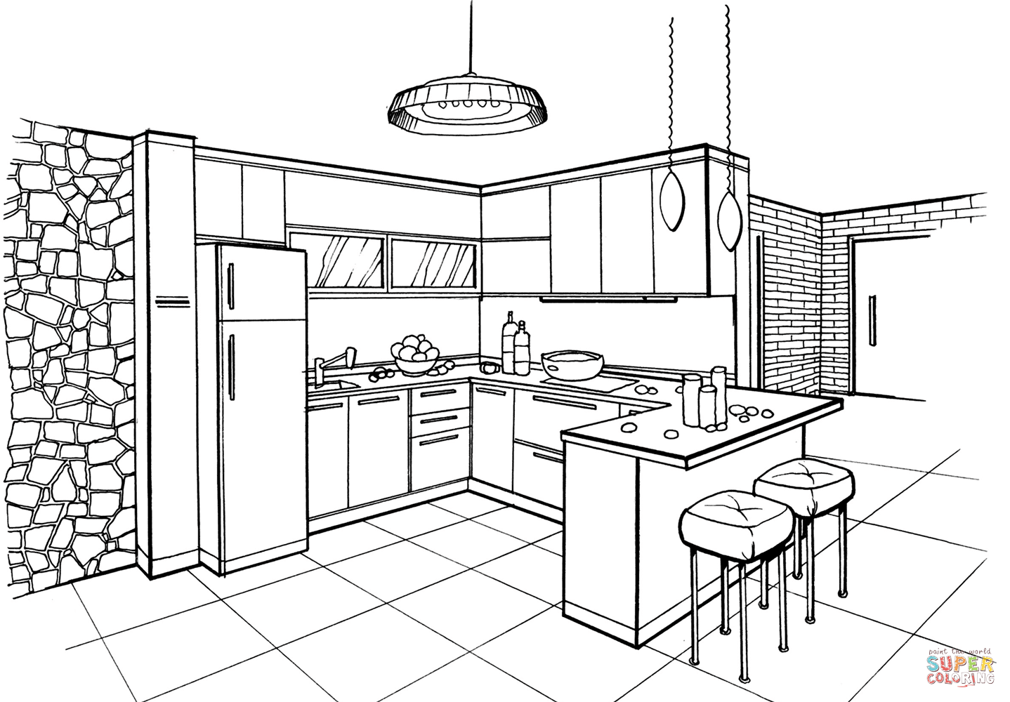 Kitchen in minimalist style coloring page free printable coloring pages