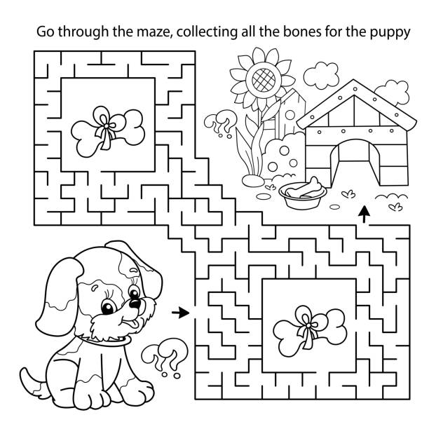 Maze or labyrinth game puzzle coloring page outline of cartoon little dog with doghouse or kennel coloring book for kids stock illustration