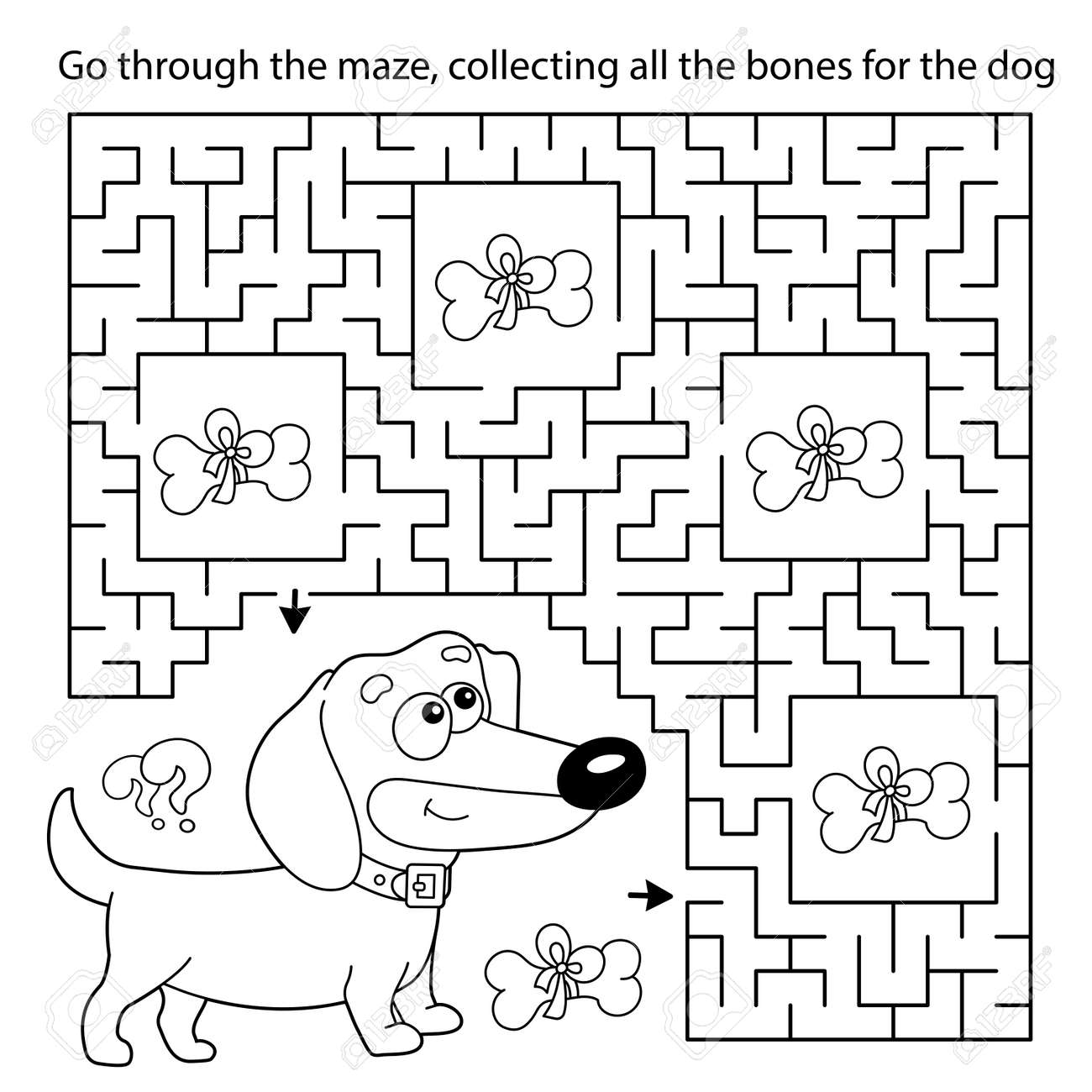 Maze or labyrinth game puzzle coloring page outline of cartoon little dog with bone dachshund puppy coloring book for kids royalty free svg cliparts vectors and stock illustration image