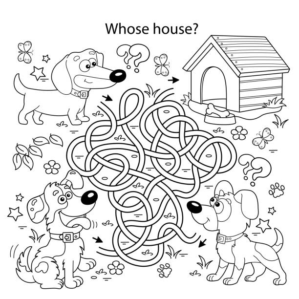 Maze or labyrinth game puzzle tangled road coloring page outline of cartoon dogs with doghouse or kennel whose house coloring book for kids stock illustration