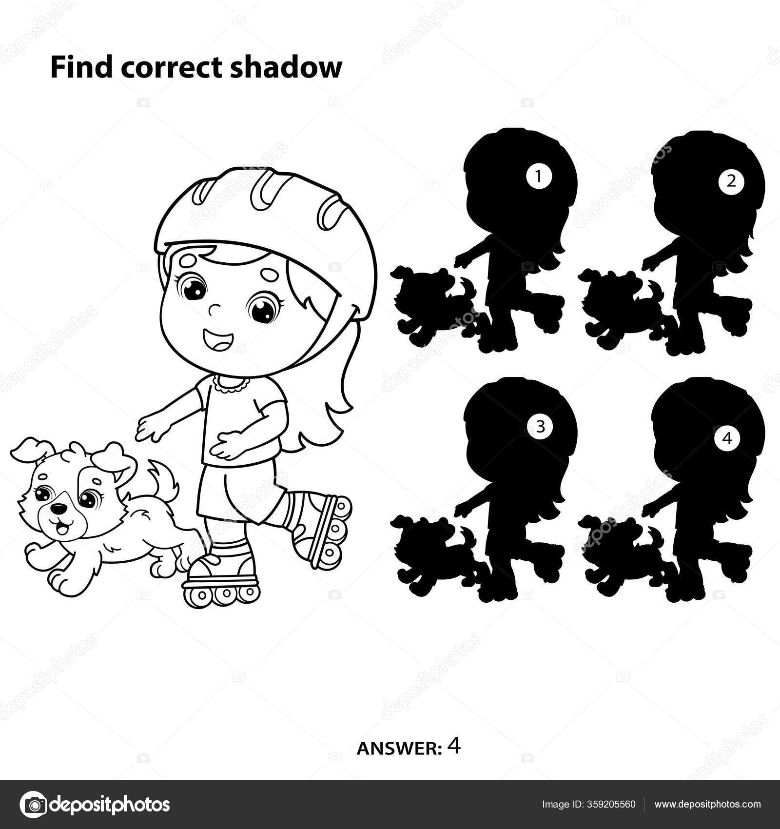 Puzzle game kids find correct shadow coloring page outline cartoon stock vector by oleon