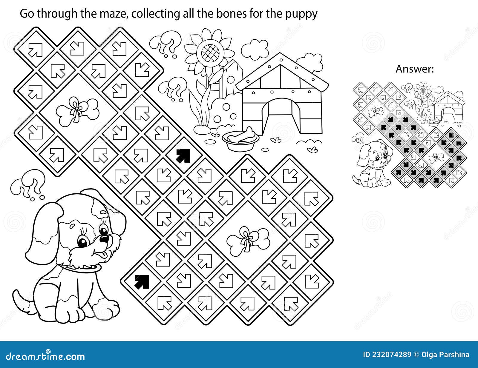 Maze or labyrinth game puzzle coloring page outline of cartoon little dog with doghouse or kennel stock vector
