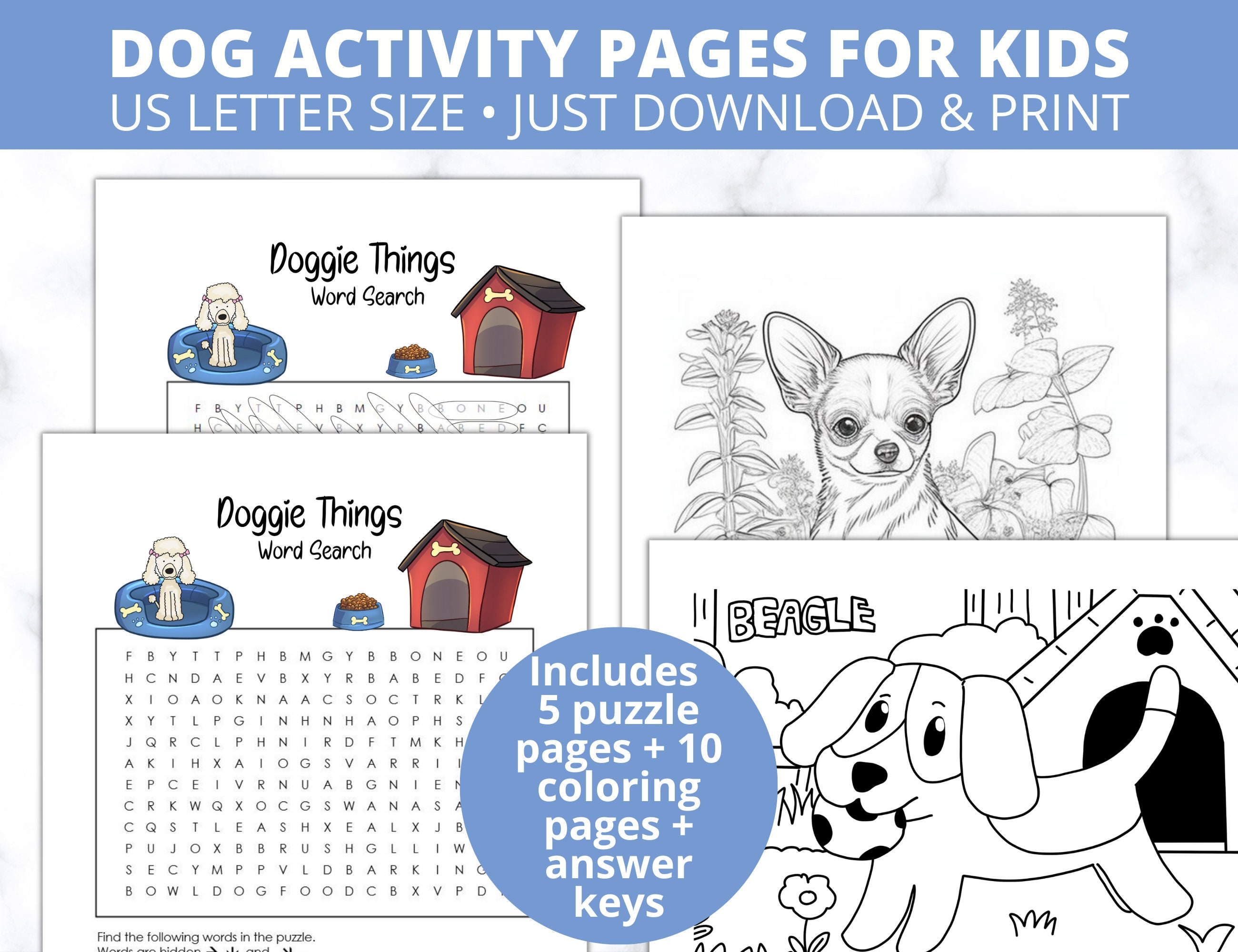 Dog activity pages for kids printable coloring pages puzzles