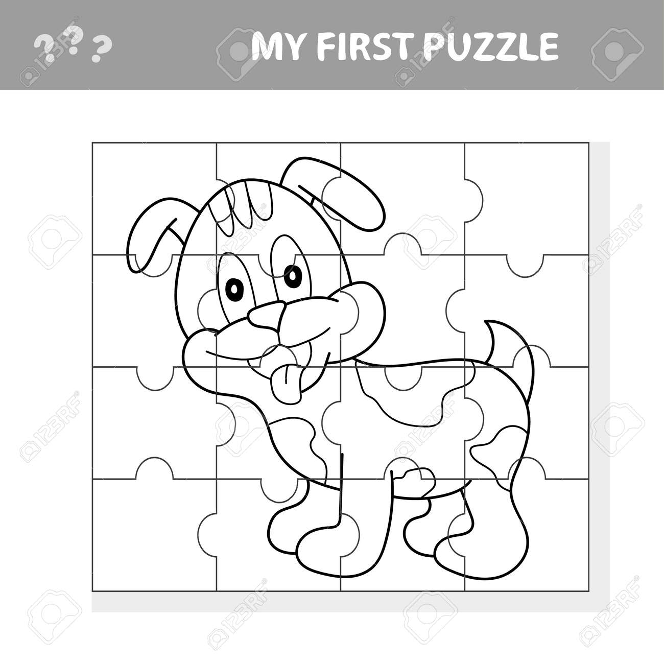 Cartoon vector illustration of educational jigsaw puzzle game for children with funny dog character my first puzzle with coloring page royalty free svg cliparts vectors and stock illustration image