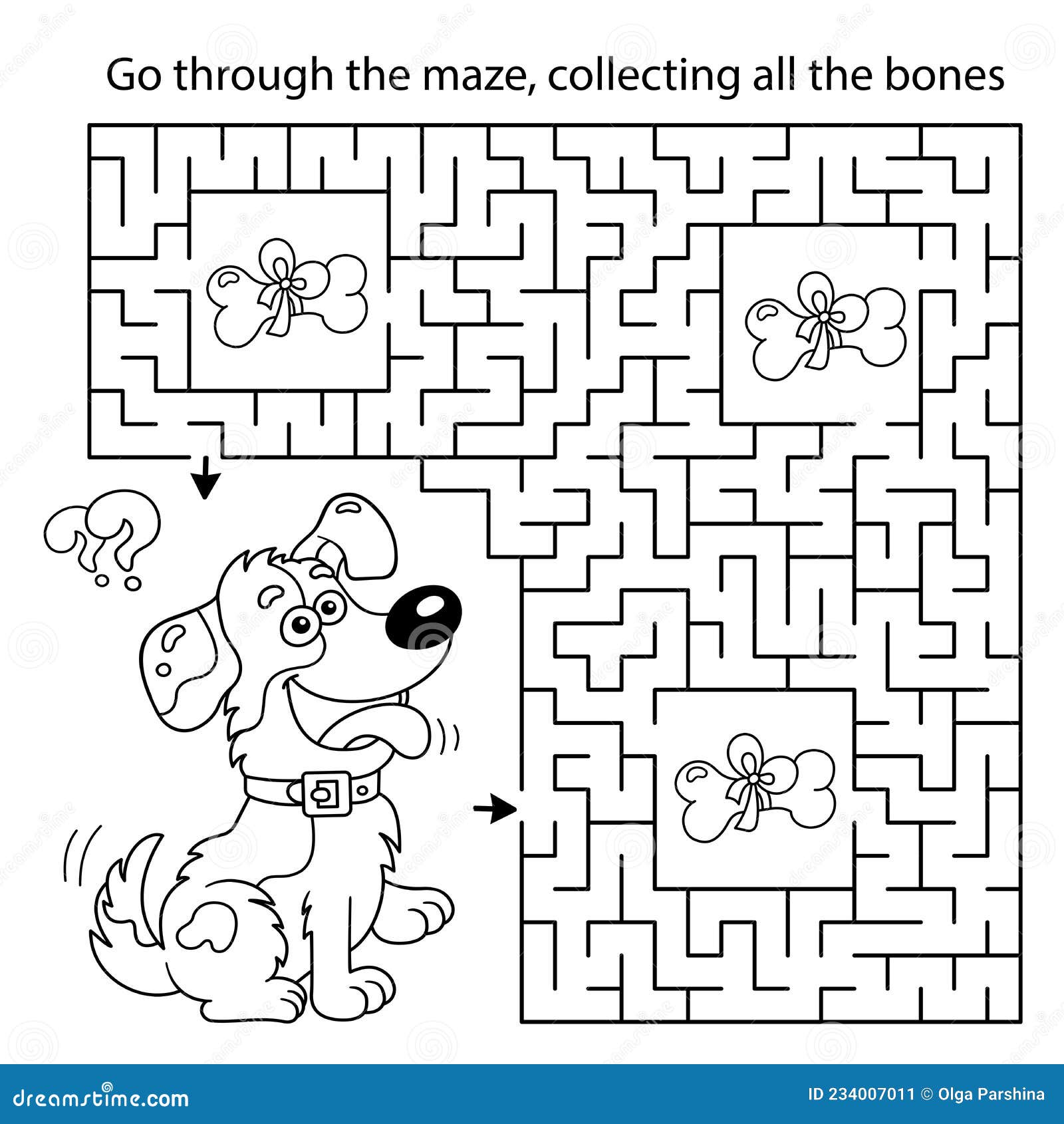 Maze or labyrinth game puzzle coloring page outline of cartoon fun dog with bone stock vector