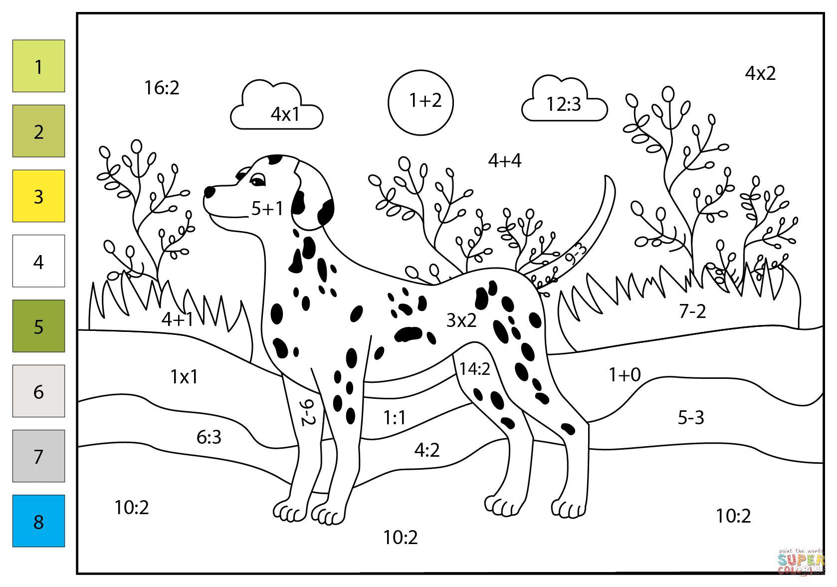 Math color by number dalmatian dog free printable coloring pages