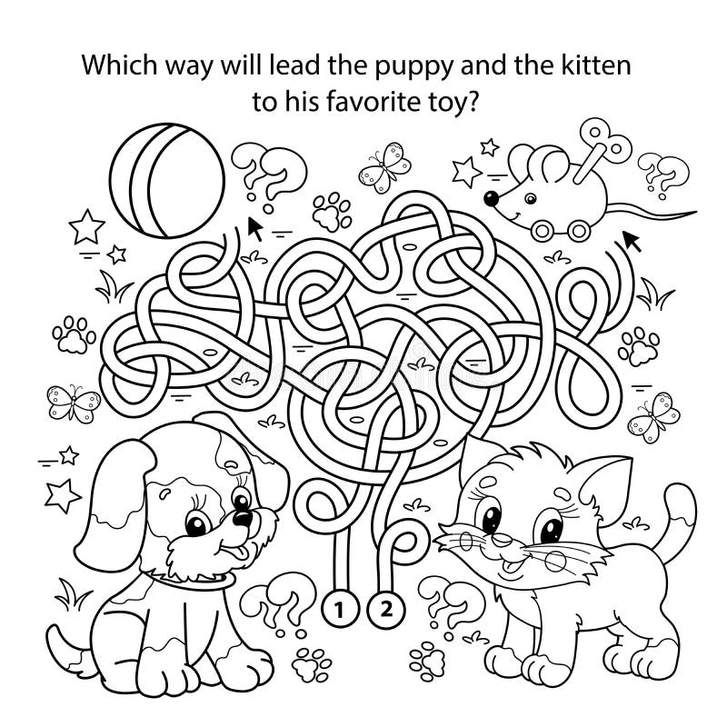 Maze or labyrinth game puzzle tangled road coloring page outline of cartoon little cat and dog with toys pets stock vector