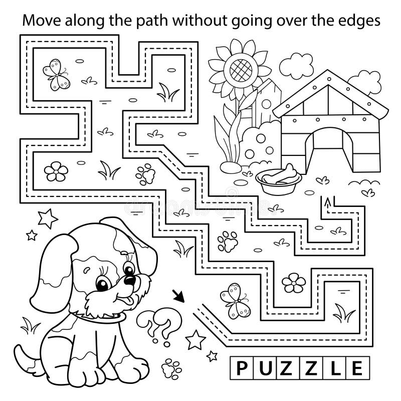 Handwriting practice sheet simple educational game or maze coloring page outline of cartoon little dog with doghouse or kennel stock vector