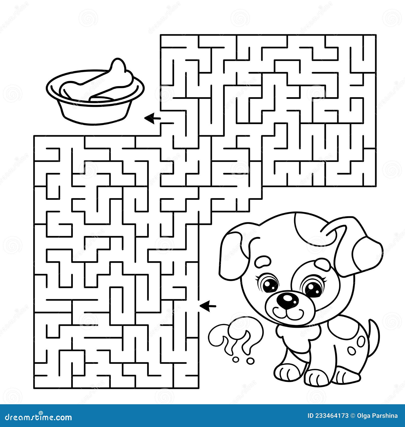 Maze or labyrinth game puzzle coloring page outline of cartoon little dog with bone puppy stock vector