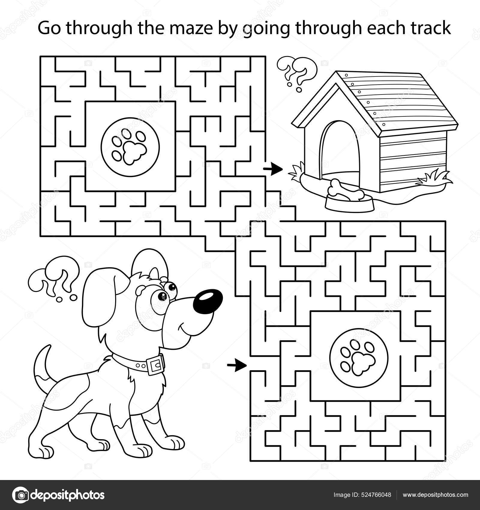 Maze labyrinth game puzzle coloring page outline cartoon little dog stock vector by oleon