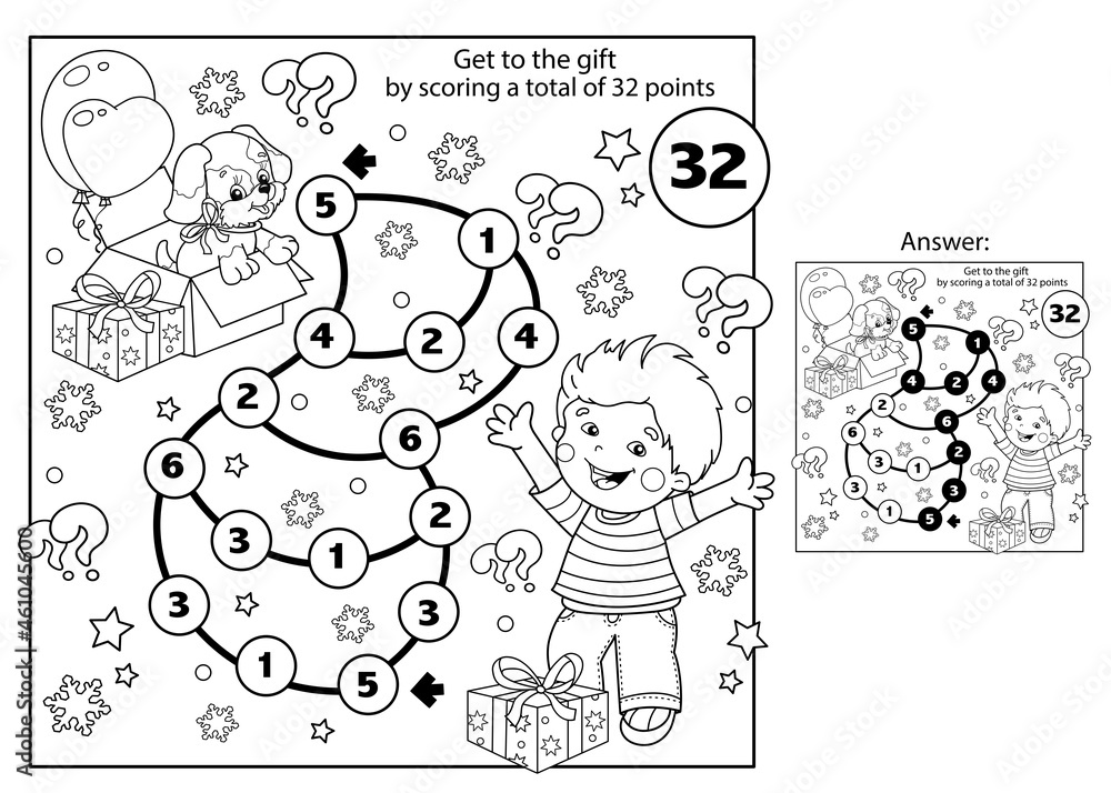 Math addition game puzzle for kids maze coloring page outline of cartoon boy with dog and gifts christmas new year coloring book for children vector