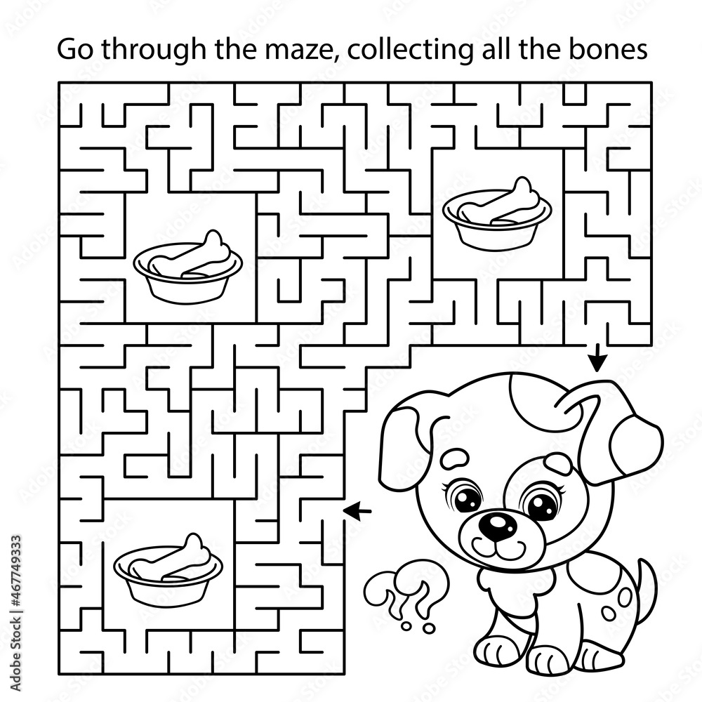 Maze or labyrinth game puzzle coloring page outline of cartoon little dog with bone puppy coloring book for kids vector