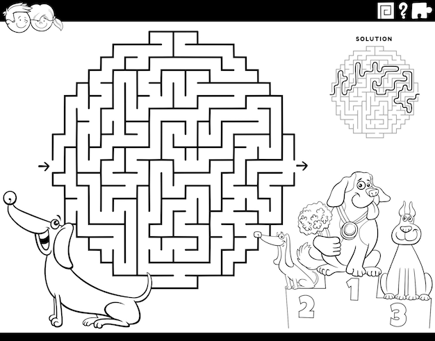 Premium vector maze with dachshund dog and the dog show coloring page