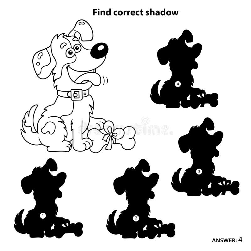 Find correct shadow puzzle game for kids coloring page outline of cartoon dog with bone stock vector