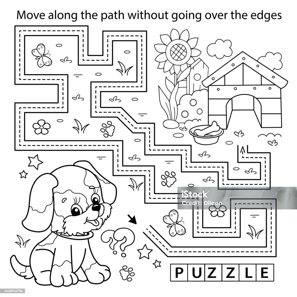 Handwriting practice sheet simple educational game or maze coloring page outline of cartoon little dog with doghouse or kennel coloring book for kids stock illustration