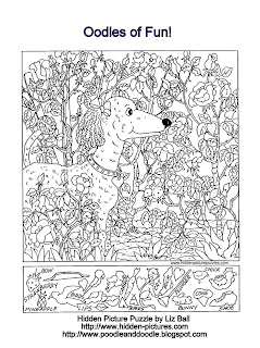 Oodles of fun hidden picture puzzle and coloring page featuring a poodle