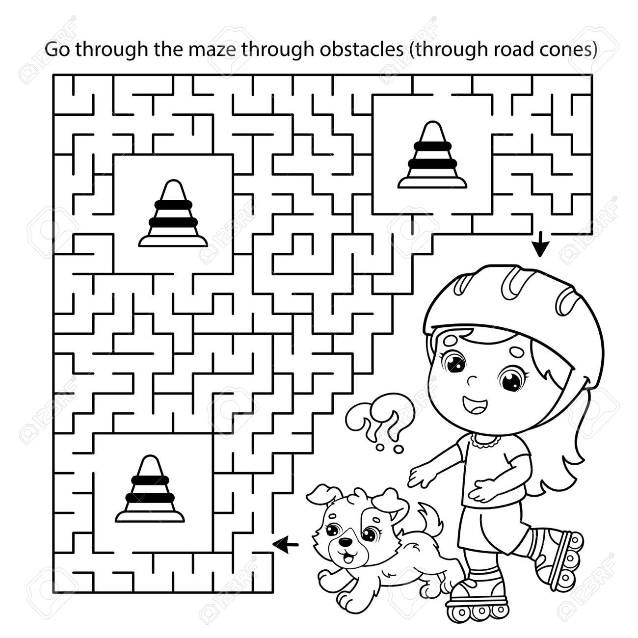 Maze or labyrinth game puzzle coloring page outline of cartoon girl on roller skates with dog sport activity coloring book for kids royalty free svg cliparts vectors and stock illustration image