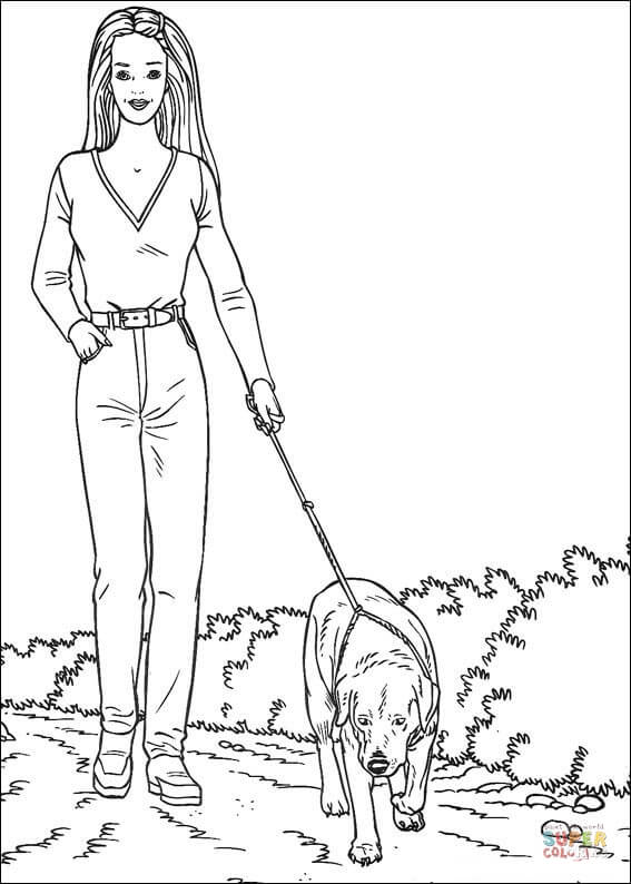 Barbie is walking the dog coloring page free printable coloring pages