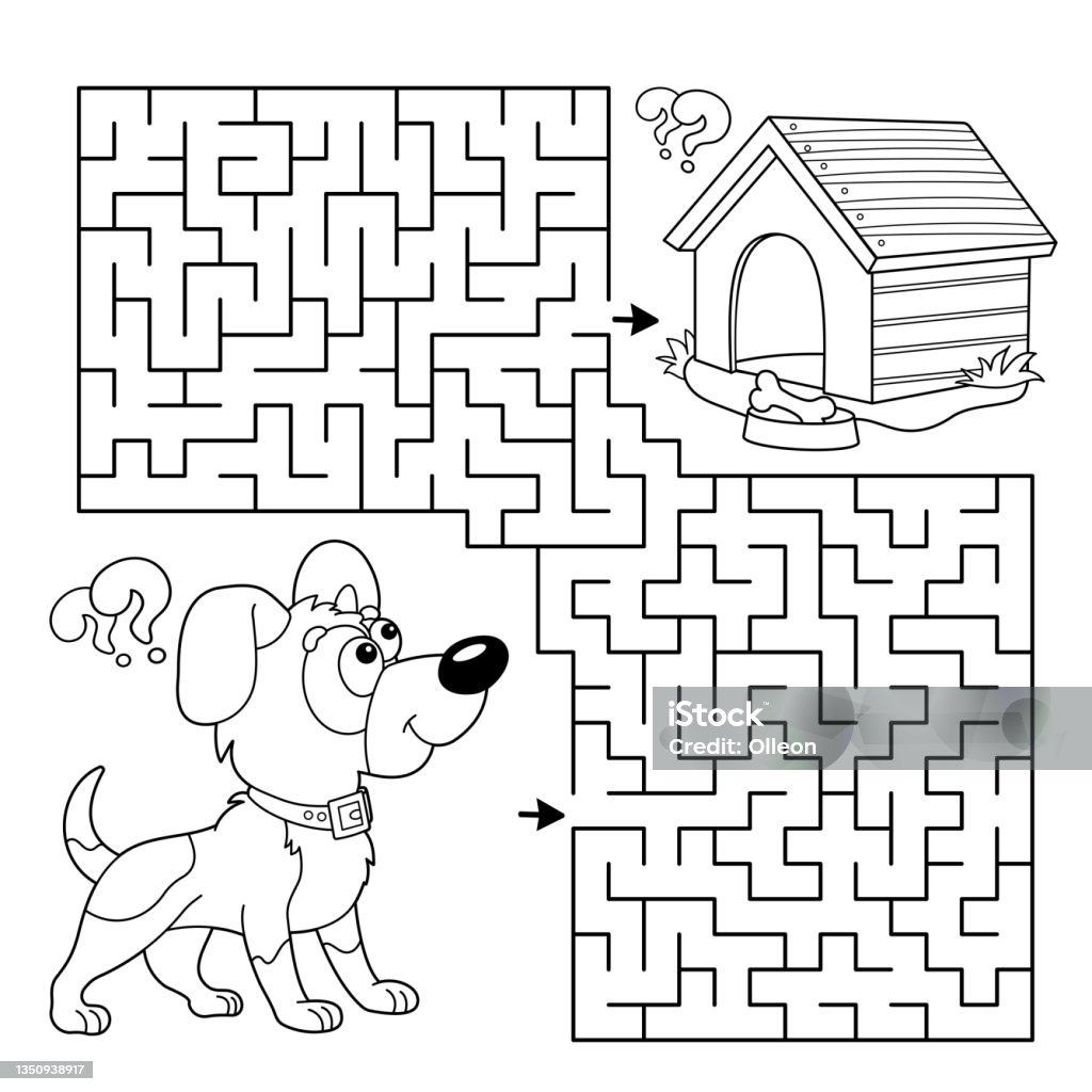 Maze or labyrinth game puzzle coloring page outline of cartoon little dog with doghouse or kennel coloring book for kids stock illustration