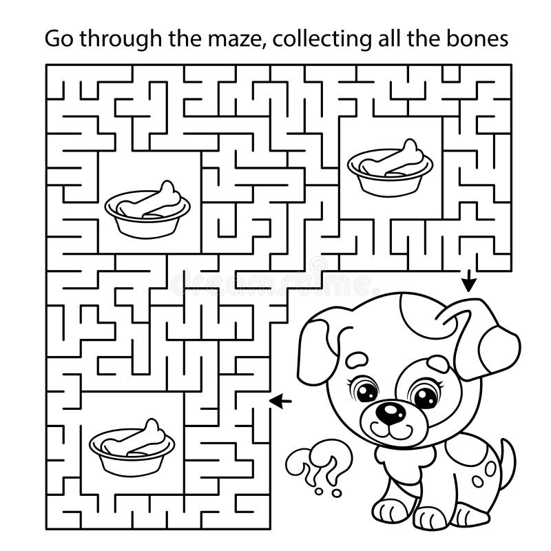 Maze or labyrinth game puzzle coloring page outline of cartoon little dog with bone puppy stock vector