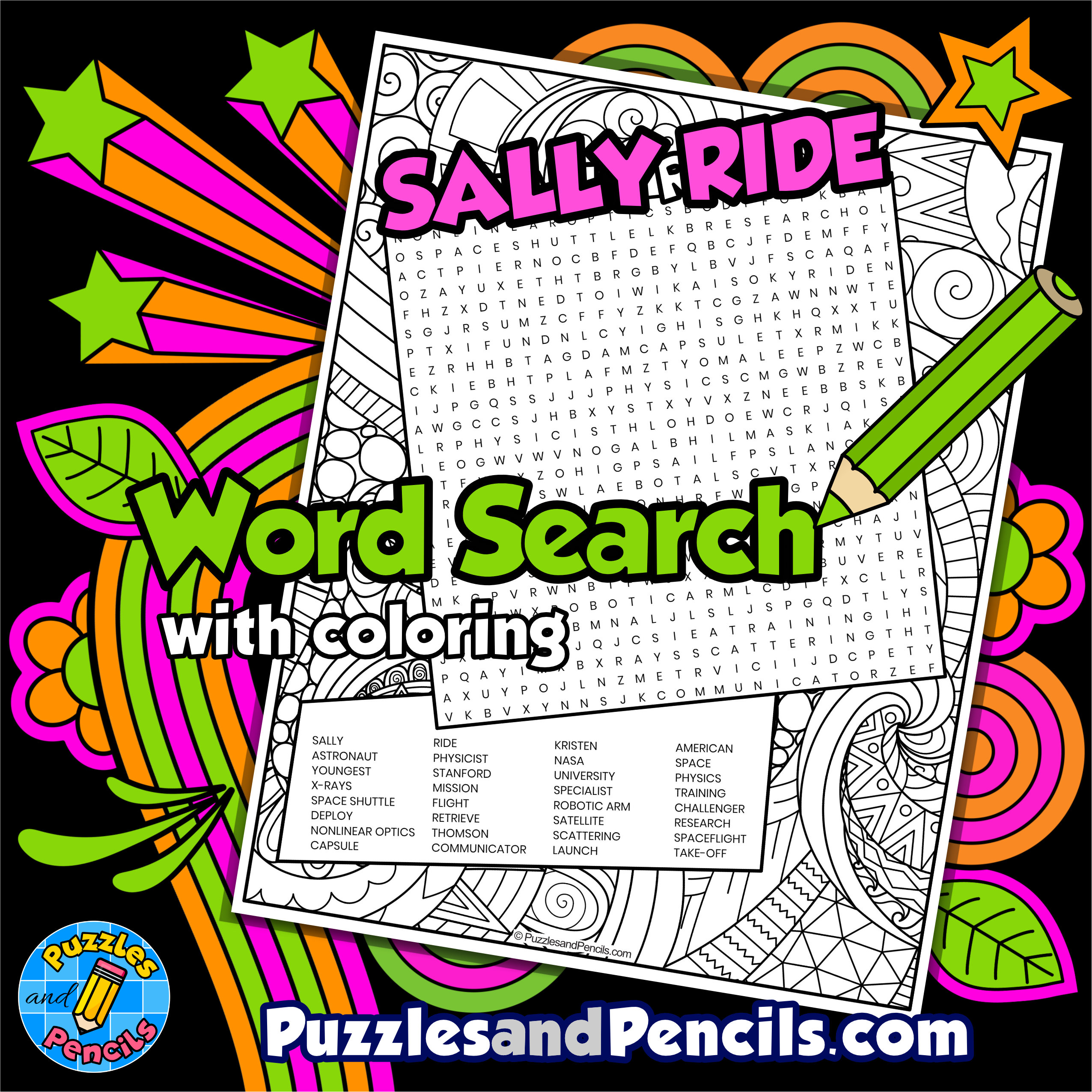 Sally ride word search puzzle activity page with coloring women in stem wordsearch made by teachers