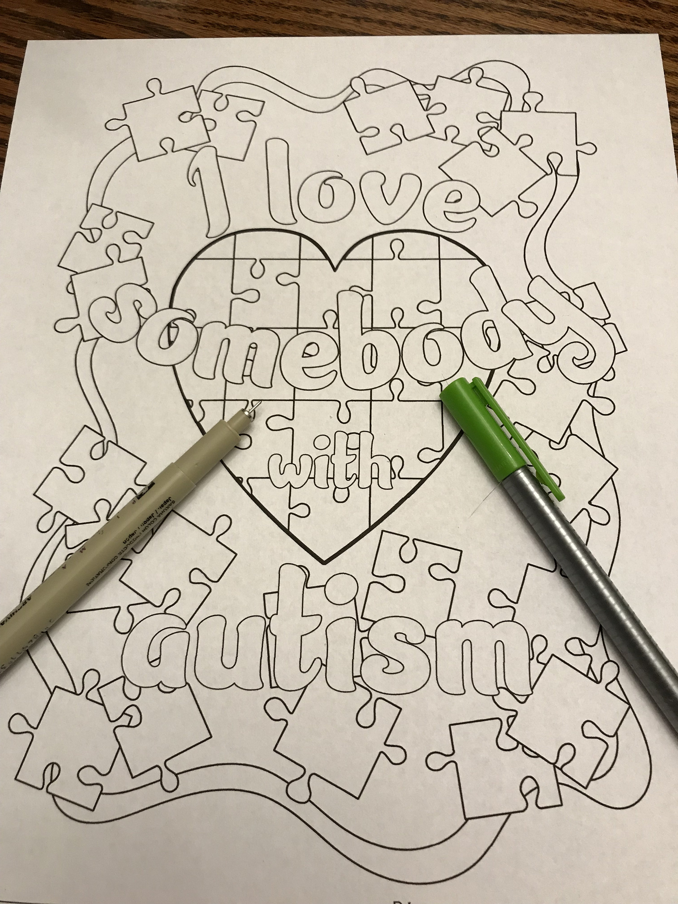 Coloring page i love somebody with autism puzzle pieces and autism heart hand