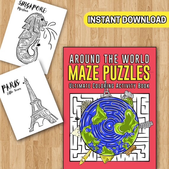 Best value printable puzzle book around the world mazes coloring book for adults coloring pages instant download puzzle gift for traveler