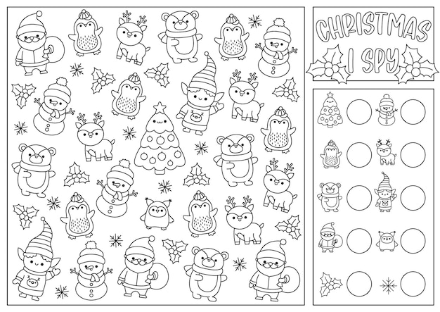 Premium vector christmas black and white i spy game for kids searching and counting activity with cute kawaii holiday symbols winter printable worksheet coloring page new year spotting puzzle with fir