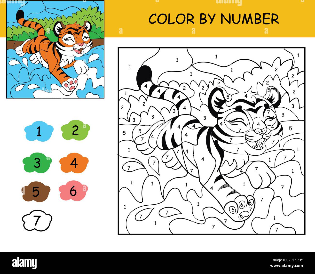 Coloring puzzle with number of color for kids with cute tiger printable coloring book worksheet for kids leisure black and white picture with color stock vector image art