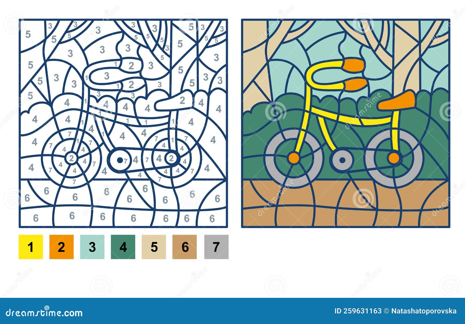 Puzzle game bicycle color by number sheet for children vector coloring page for learning numbers stock vector