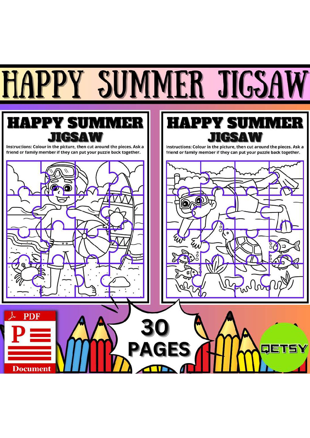 Sunny summer happy summer jigsaw coloring puzzles creative relaxing activity â teacha